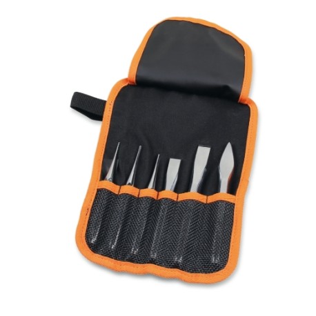 Juego de 2 botadores cónicos, 1 granete, 2 cortafríos planos y 1 buril en estuche portaherramientas enrollable en poliéster 38